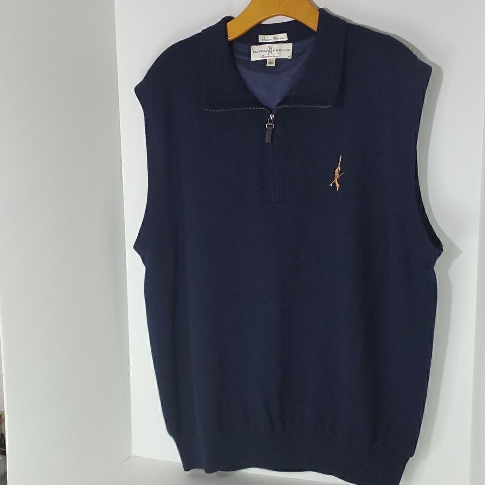 Fairway & Green Baruffa Merino Wool 1/4 Zip Windvest Navy Golf Sweater Size L